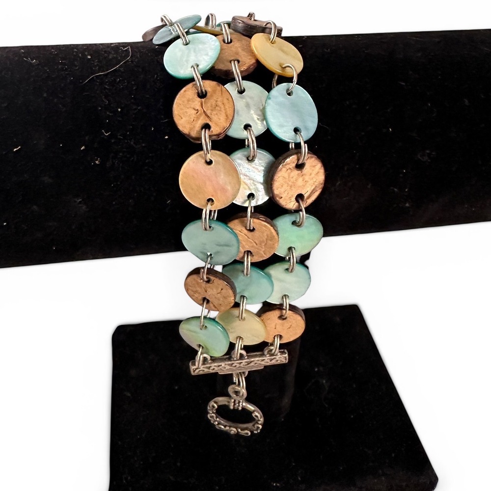 Unbranded Shell Wood Disc Bracelet Women Blue Brown Excellent‎ Boho Coastal